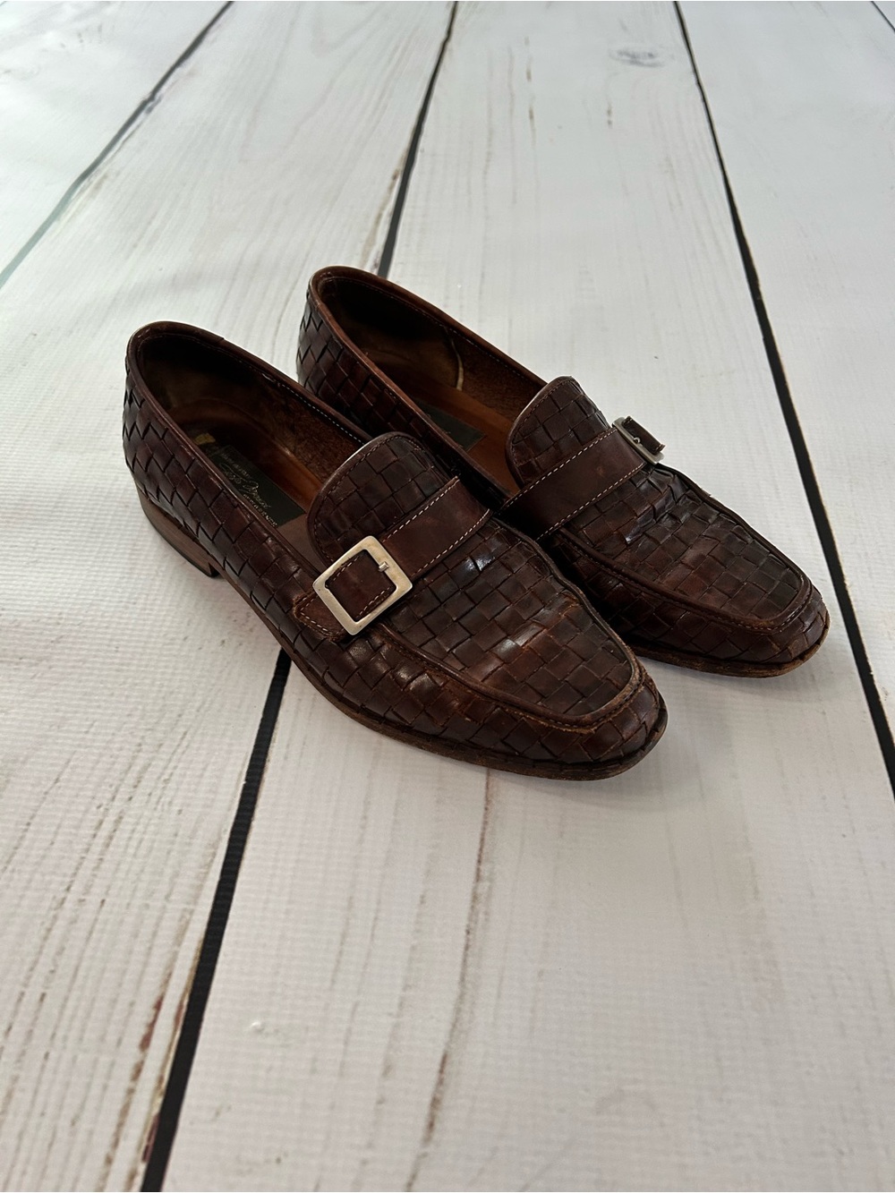 Sesto Meucci Brown Woven Leather Buckle Loafers